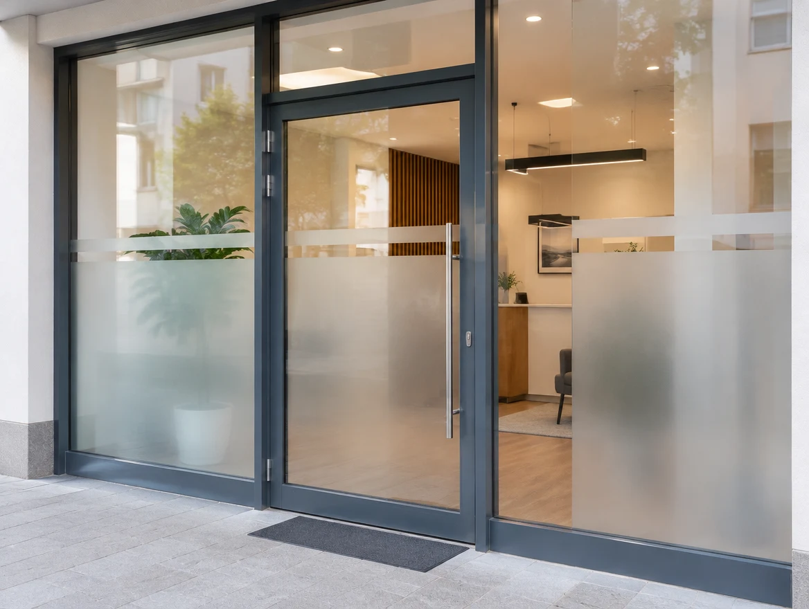 Glasfront eines Büros mit dezentem satiniertem Sichtschutz